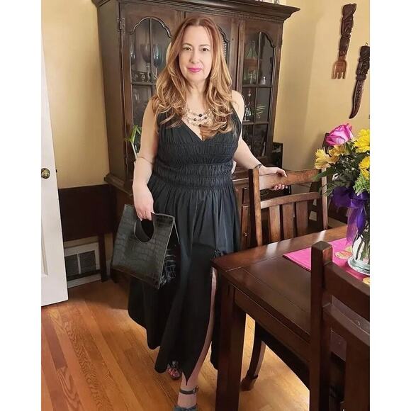 SAU LEE Black Poplin 100% Cotton Brielle Smocked Ruched Dress size US 6 - Picture 5 of 16